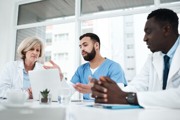 Poster - Doctor, people and laptop with meeting in boardroom for healthcare diagnosis, surgery planning and medical workshop. Medicine, professional and team with technology for health assessment or treatment