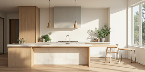 Poster - A stylish and modern kitchen featuring a marble countertop, wooden cabinetry, and natural light streaming through large windows, ideal for home design inspiration.