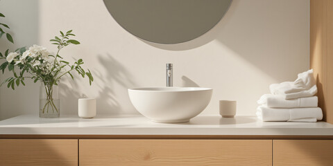 Poster - A modern bathroom scene featuring a round mirror above a sleek bowl sink, complemented by neatly arranged towels and greenery, highlighting a serene and clean aesthetic.