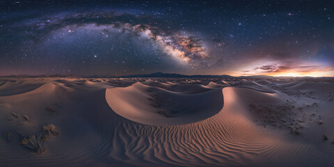 Poster - A panoramic view of a vast desert landscape at night, showcasing rolling sand dunes under a starry sky with the Milky Way arching overhead, highlighted by the soft glow of twilight for travel.