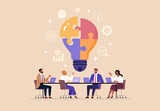 Fototapeta Panele - Business Team Brainstorm concept. Vector flat style abstract illustration of a group of diverse people at a desk leading a discussion with a lightbulb made of puzzle pieces above their heads.