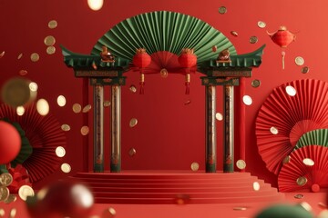 Sticker - 3D rendering illustration of a Chinese New Year background with red and green colors