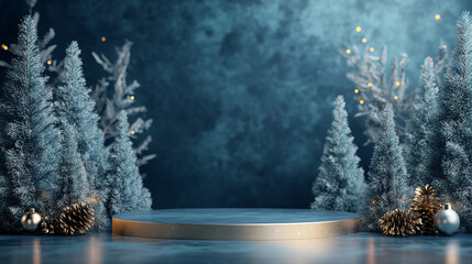 Wall Mural - Festive Blue Background with Pine Trees and Empty Stage for Christmas Product Presentation