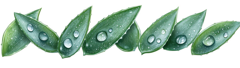 Wall Mural - a row of green leaves with water droplets on them. transparent background