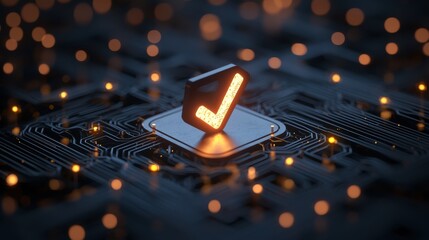 Close-up of a digital checkmark icon integrated within a web of network connections, symbolizing successful verification and security in a digital system