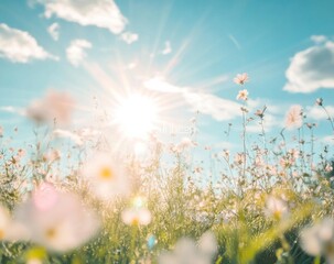 Sticker - Abstract spring background with blurred sun rays and bokeh on a green grass meadow, against a blue sky with clouds.