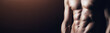 © peopleimages.com - Muscular man, fitness and banner with abs for exercise, training or workout results on a studio background. Closeup, bodybuilder or topless model with muscle for physical activity on mockup space