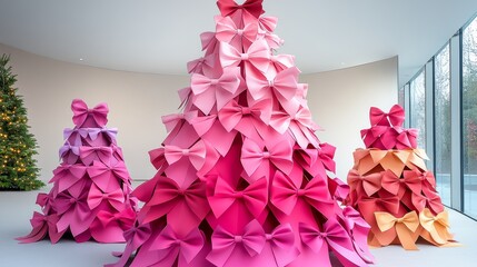 Poster - Pink and orange paper tree with bows is displayed in a room. The tree is surrounded by a Christmas tree and a window. The tree is made of paper and has a pink and orange color scheme