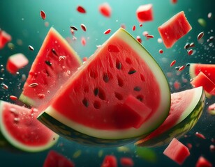 Wall Mural - falling watermelon pieces background on focus 