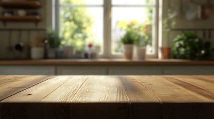 Poster - A wooden countertop with a view of a window and potted plants