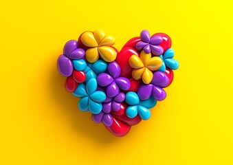 Poster - Heart made of colorful flowers is on a yellow background. The flowers are in various colors and sizes, creating a vibrant and cheerful atmosphere. The heart shape is the main focus of the image