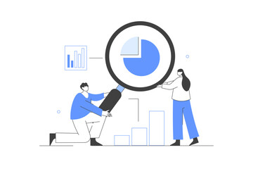 Poster - Statistical analysis. Characters with magnifying glass analyzing data. Circular diagram with colorful segments. Statistics, audit, research. Flat Cartoon Vector Illustration, icon. Stylish, Minimalist