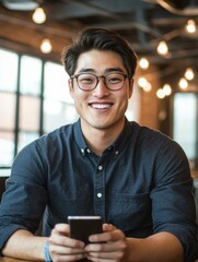 Poster - A man with glasses looks at his phone while smiling. AI.