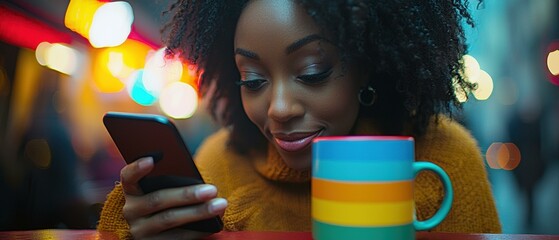 Poster - A young woman smiles as she holds a colorful mug. AI.