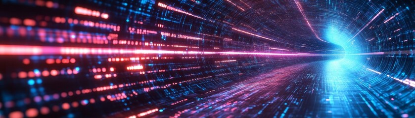 Poster - Explore the dynamic journey through a vibrant digital tunnel of light and color