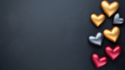 Poster - Black background with a row of gold and silver hearts. The hearts are arranged in a row and are of different sizes