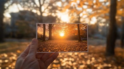 Wall Mural - hand holding a photo of a sunset in autumn with a blurred background of fallen leaves.