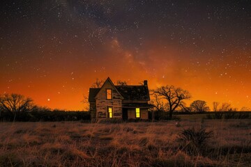 Wall Mural - house stars. abandoned pub isolated in stunning sunset landscape with bright stars above