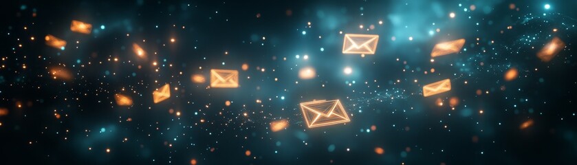 Poster - Explore the dynamic world of digital communication through floating email icons in a cosmic setting