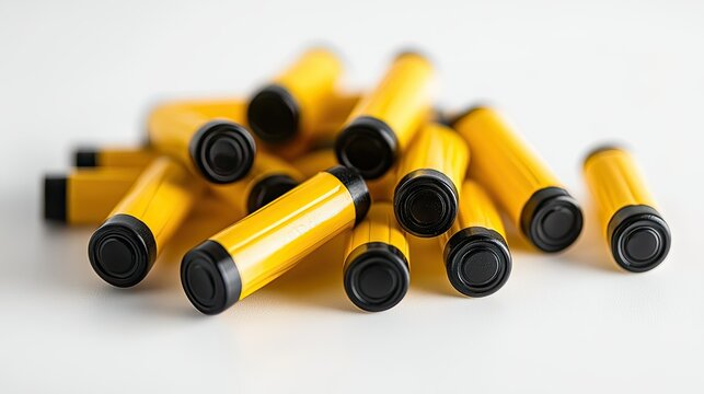 Alkaline batteries in a random pile, isolated on a white background for high contrast.