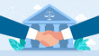 © Yurii - Pre trial agreement handshake concept. Contract and agreement deals. Agreement and sign legally binding documents. Management contract, buy, sell, rent, borrow. Flat design illustration.