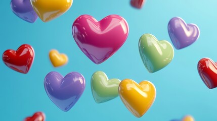 Poster - Bunch of colorful hearts are floating in the air. The hearts are of different colors and sizes, and they are scattered all over the sky. Concept of joy and happiness, as the hearts represent love