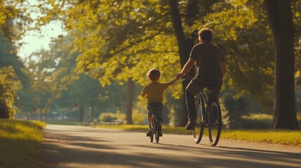 Wall Mural - A man and a child are riding a bike together