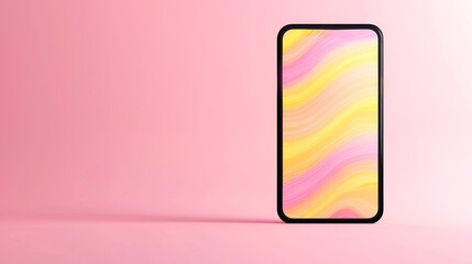 Poster - A sleek smartphone displays a colorful, wavy wallpaper, set against a soft pink background, creating a modern and vibrant aesthetic.