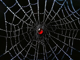 Aufkleber - A close-up of a spider web with dew drops, a red bead is in the center of the web.