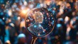 © flashmovie - Magnifying glass is revealing a sparkling digital human silhouette, symbolizing the search for individuality and unique talent within a large, blurred crowd in a vibrant, bokeh-filled environment