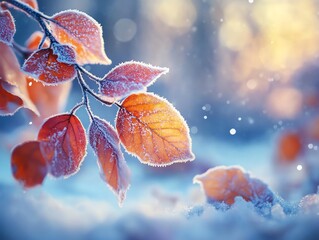 Poster - A close-up of frost-covered leaves on a branch, with a soft, blurred background of a snowy forest and a warm, golden light.