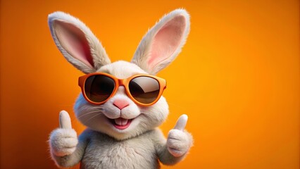 Wall Mural - Cool Bunny with Sunglasses Gives a Double Thumbs Up on Orange Background