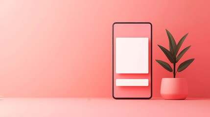 Poster - A modern smartphone displayed against a soft pink background, accompanied by a vibrant green plant in a pastel pot.
