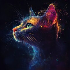 Aufkleber - A colorful, abstract depiction of a cat's head with glowing lines and glitter.