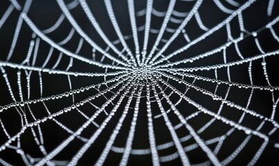 Poster - Spider web with dew drops glistening in light, intricate patterns, dark background