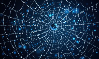 Poster - Spider web adorned with water droplets, shimmering in blue light