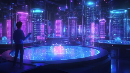 Poster - Engineer is using a futuristic holographic interface to monitor and control a complex network of servers in a high-tech data center, visualizing data flow and system performance