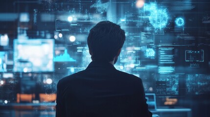 Poster - A man is looking at a computer screen with a lot of blue and white graphics