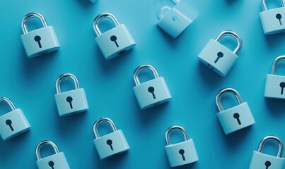 Poster - Blue padlocks arranged on blue background, various sizes and orientations