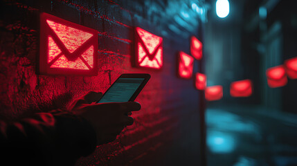 Poster - SMS spam, fake text message phishing from scammer concept. System hacked red warning alert, email hack, scam malware spreading virus on message alert virtual on mobile phone screen in person hand
