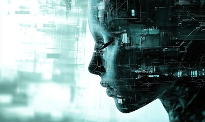 Poster - Futuristic humanoid profile with digital circuitry and technology elements