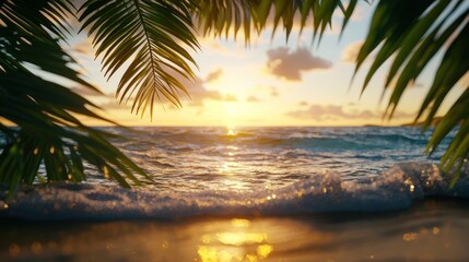 Wall Mural - serene tropical sunset viewed through palm leaves over calm ocean waves.