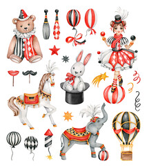 Vintage circus set:girl juggler,rabbit in hat,elephant,white horse,bear clown,balloons.Performance.Childish collection