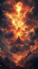 Poster - A fiery orange sky with dramatic clouds and a mountain range in the distance.