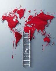 Wall Mural - man is climbing a ladder on a red map. the ladder is on the left side of the map