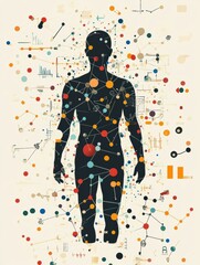 Poster - A human silhouette is immersed in colorful molecules and diagrams, showcasing intricate biological and scientific concepts. Generative AI