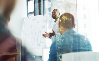 Poster - Creative, graph and man at whiteboard for presentation, planning or office workshop at agency. Meeting, discussion and business people in conference room for teamwork, strategy ideas or sales stats