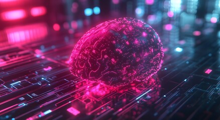 Poster - A digital brain made of bright neon pink and blue circuitry, surrounded by an array of tiny red lights that represent data flowing through a neural network. A futuristic highlights the technology.