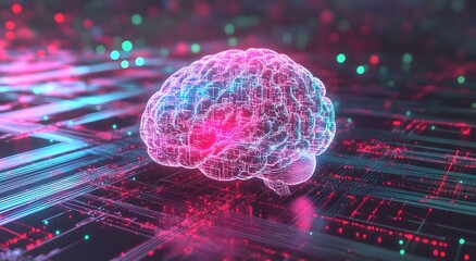 Poster - A digital brain made of bright neon pink and blue circuitry, surrounded by an array of tiny red lights that represent data flowing through a neural network. A futuristic highlights the technology.