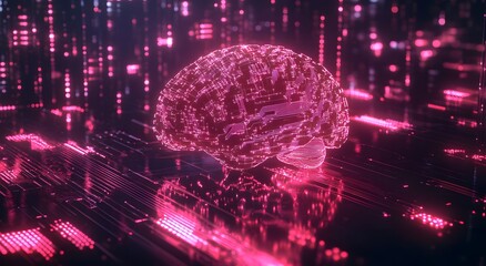 Poster - A digital brain made of bright neon pink and blue circuitry, surrounded by an array of tiny red lights that represent data flowing through a neural network. A futuristic highlights the technology.